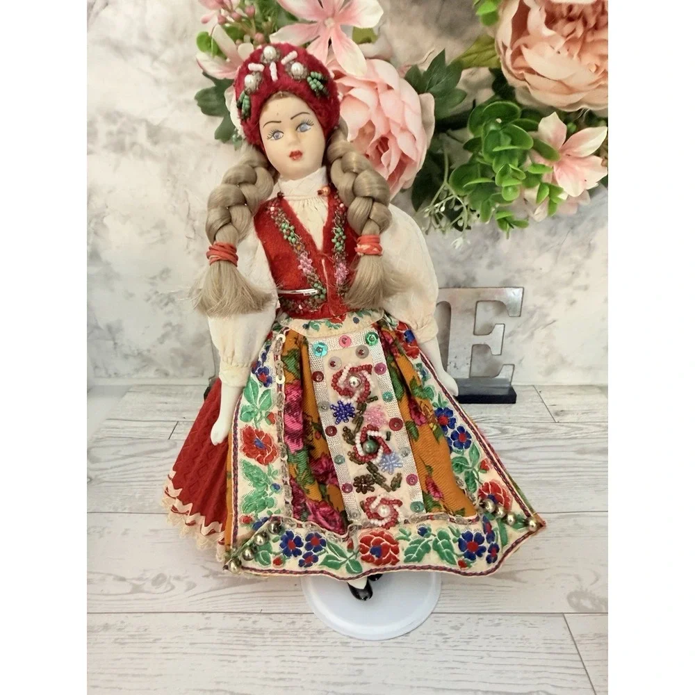 Vintage Folk Ethnic Female Doll Handmade Beaded Clothes Hat Braided Hair 10